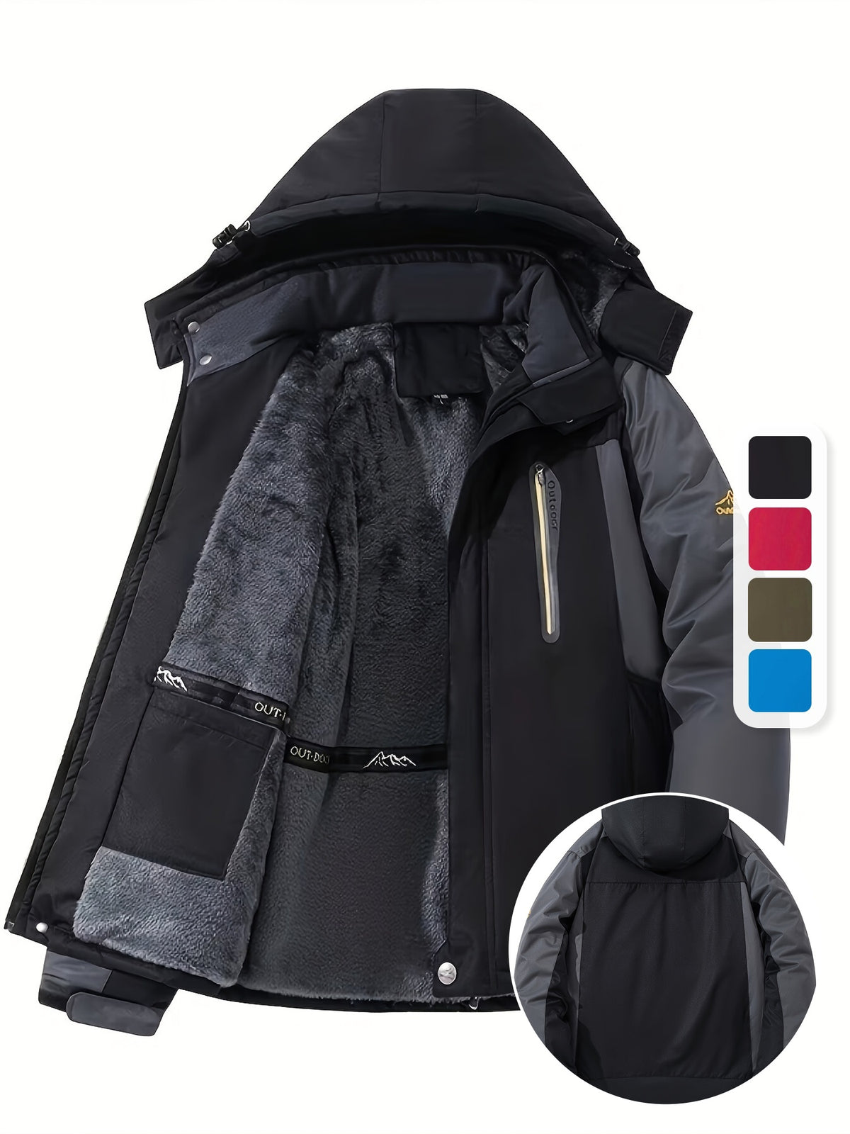 Mens Warm Fleece-Lined Windproof Hooded Front Zip Winter Jacket