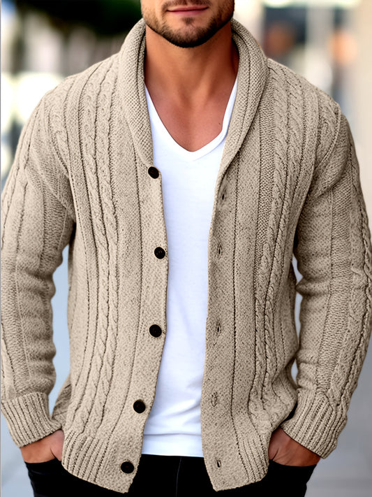 Mens Casual Thick Long Sleeve Cable Knit Buttoned Cardigan