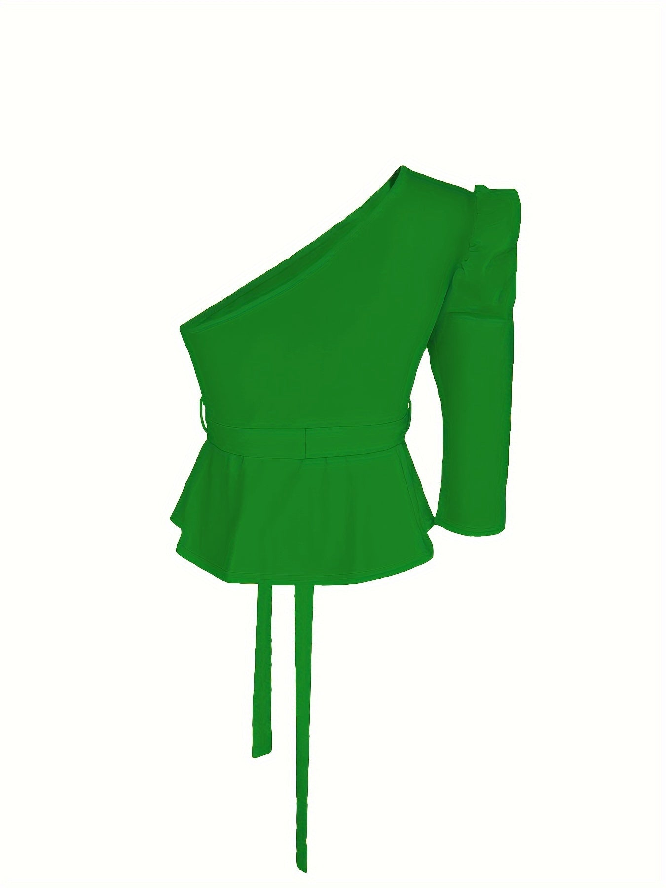 Womens Solid Colour One Shoulder Belted Elegant Puff Long Sleeve Asymmetric Top