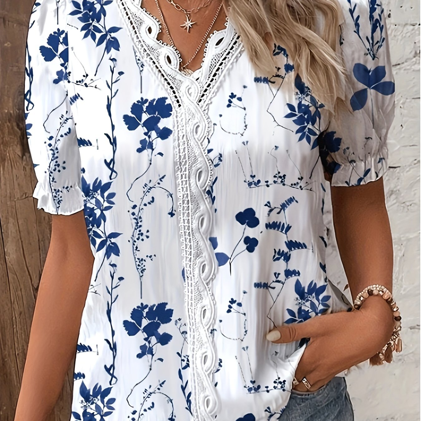 Womens Lace Patchwork Casual Floral Print Summer Top
