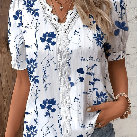 Womens Lace Patchwork Casual Floral Print Summer Top