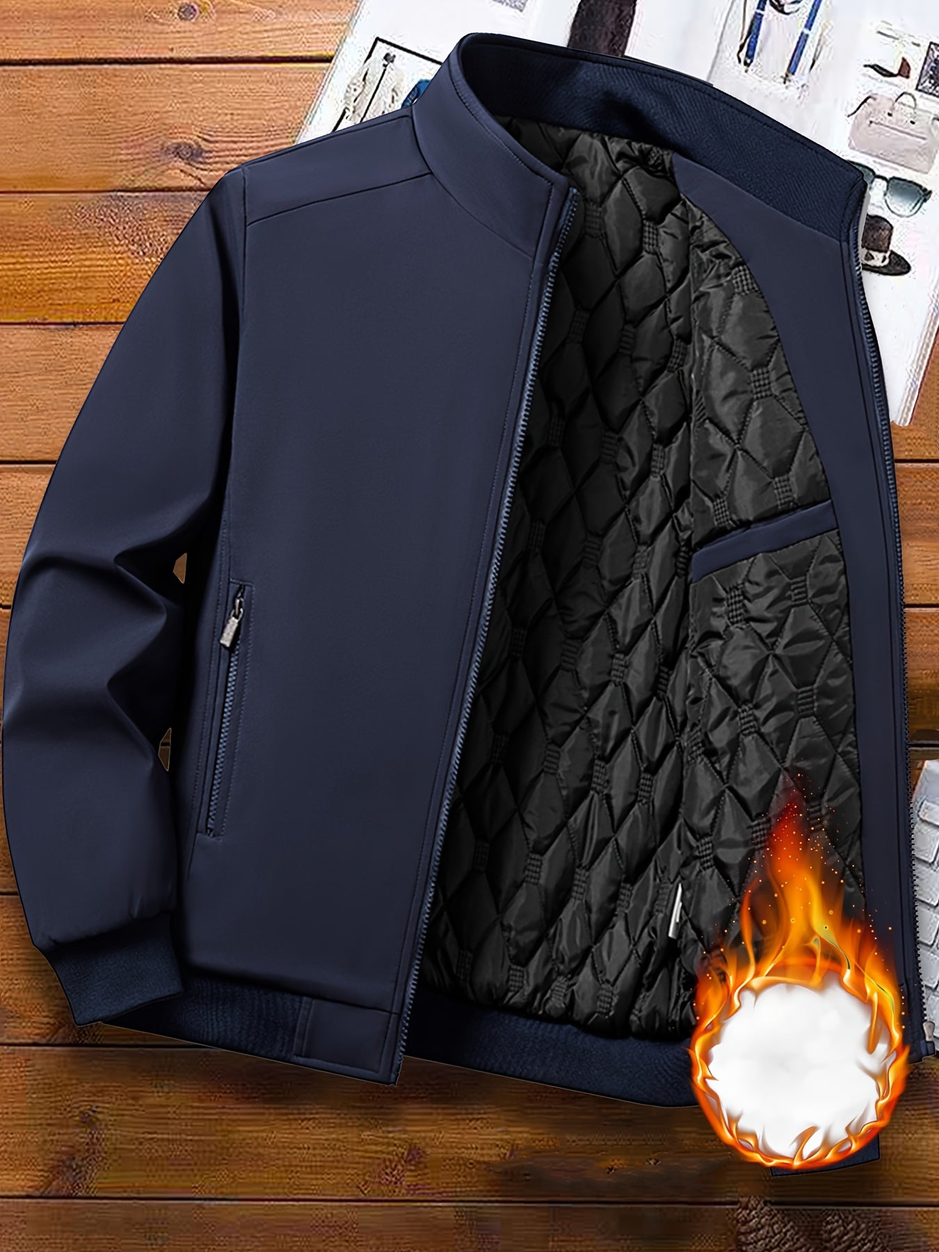 Mens Casual Solid Zip-Up Stand Collar Windbreaker Thermal Quilted Jacket