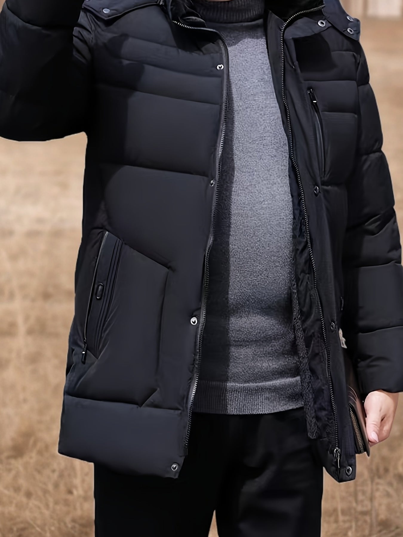 Mens Windproof Detachable Hood Multiple Pockets Plush Lining Long Winter Jacket