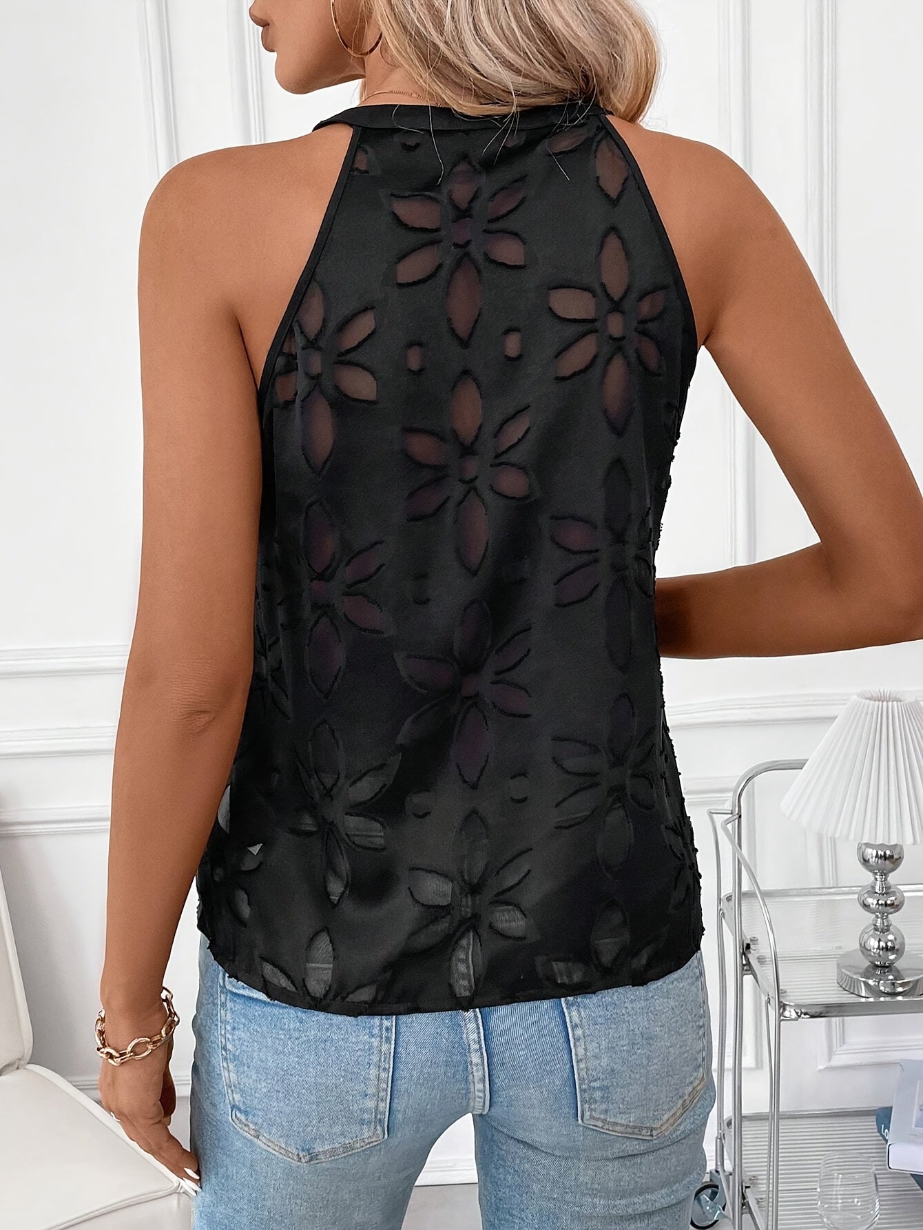 Womens Elegant V Neck Sleeveless Hollow-Out Floral Detail Semi Sheer Top