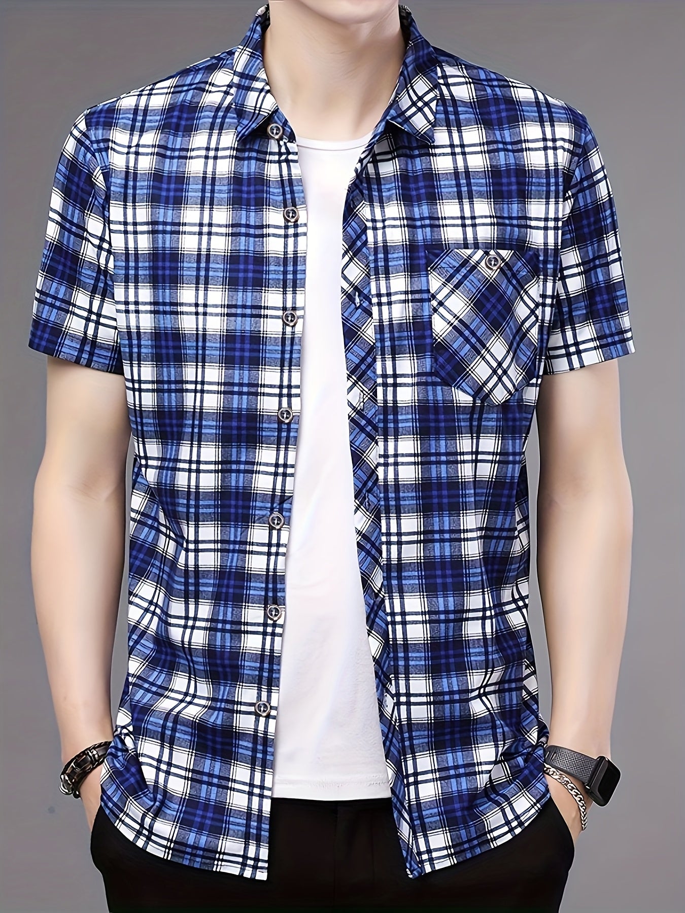 Mens Casual 2 Pcs Short Sleeve Plaid Button-Up Shirts