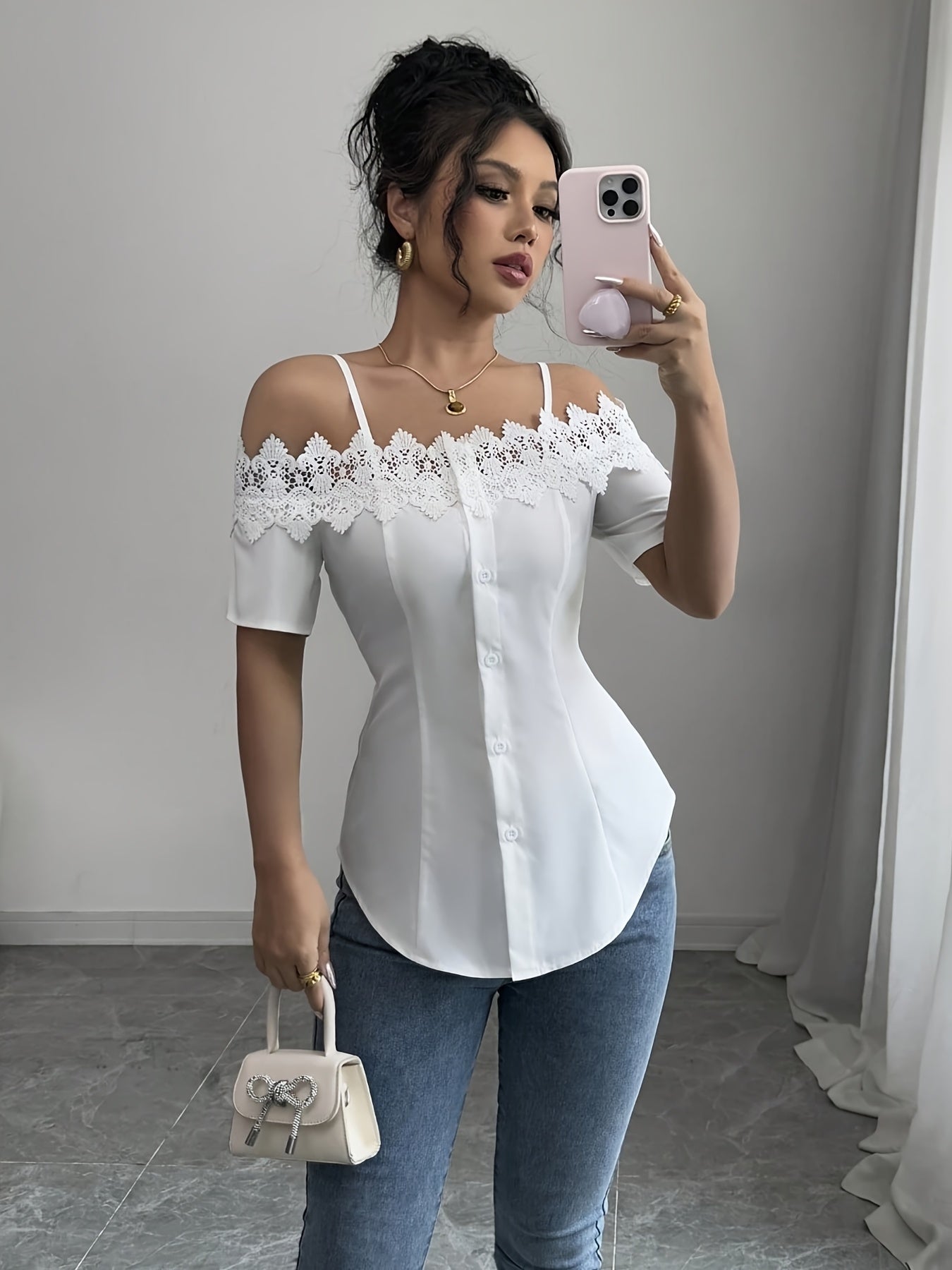 Womens Elegant White Off-Shoulder Laced Cinched Waist Short Sleeve Top