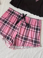 Womens Casual Heart Pattern Loose Fit Shoulder Straps Top & Shorts Bow Decoration Pyjama Set