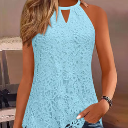 Womens Elegant Lace Trim Hollow-Out Solid Colour Round Neck Sleeveless Top