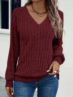 Womens Casual V-Neck Long Sleeve Ribbed Loose Fit Sweater