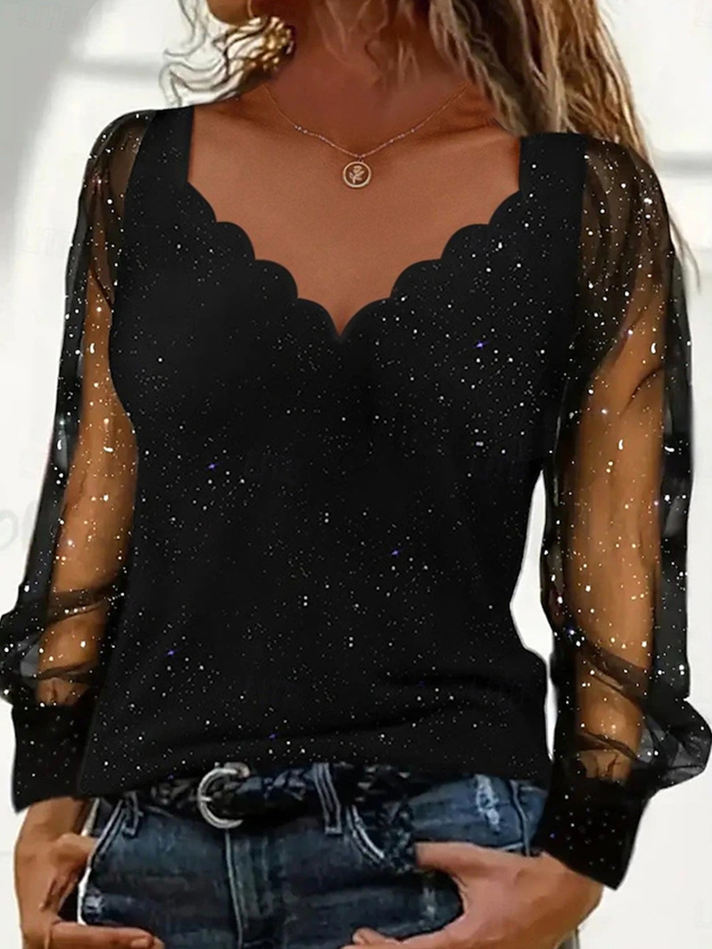 Womens Long Sleeve Sexy V-Neck Sequined Mesh Sleeved Top