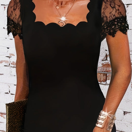 Womens Lace Trimmed Square Neck Short Sleeve Solid Colour T Shirt Top