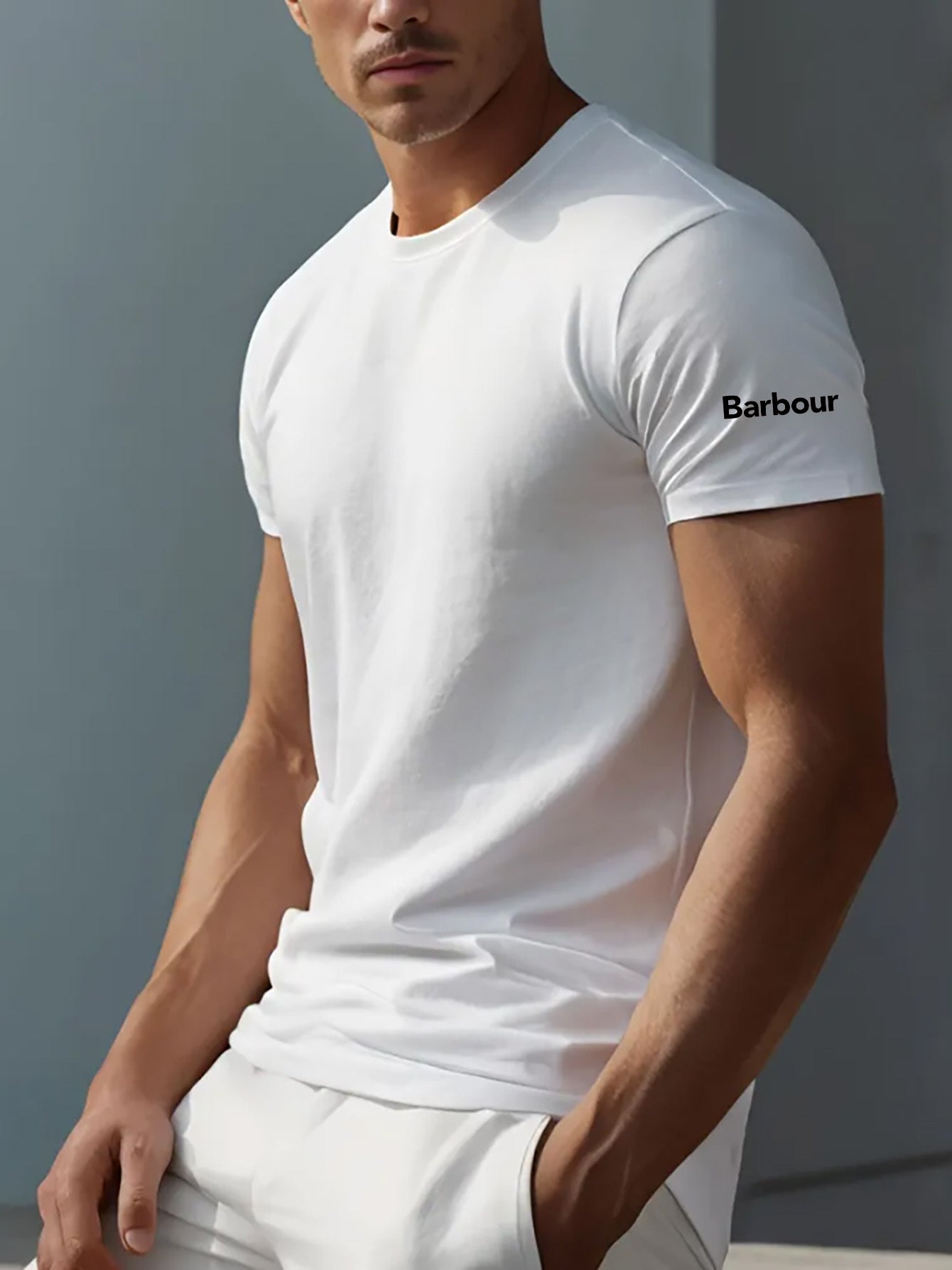 Mens Barbour Casual Round Neck Slightly Stretchy Rib-Knit Collar Letter Print Tshirt