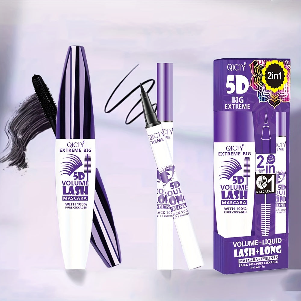 Quick Drying Waterproof Long Lasting 2-in-1 Mascara And Eyeliner Set, Extreme Lashes With Silicone Brush