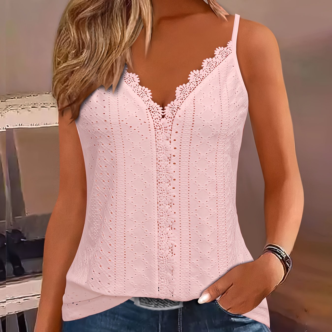 Womens Casual Elegant V-Neck Sleeveless Eyelet Detail Lace Trim Cami Top