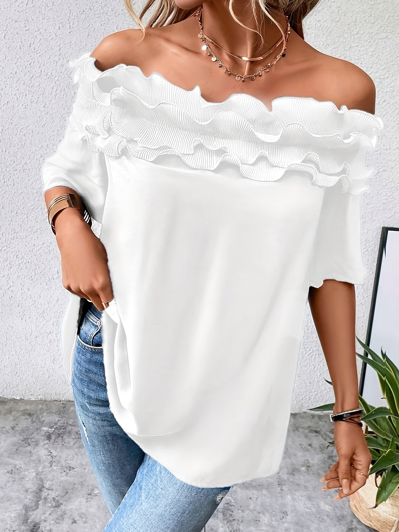 Womens Elegant Off-Shoulder Solid Colour Ruffled Hem Top