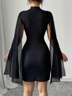 Womens Sexy Semi-Sheer Round Neck Long Sleeves Bodycon Party Dress