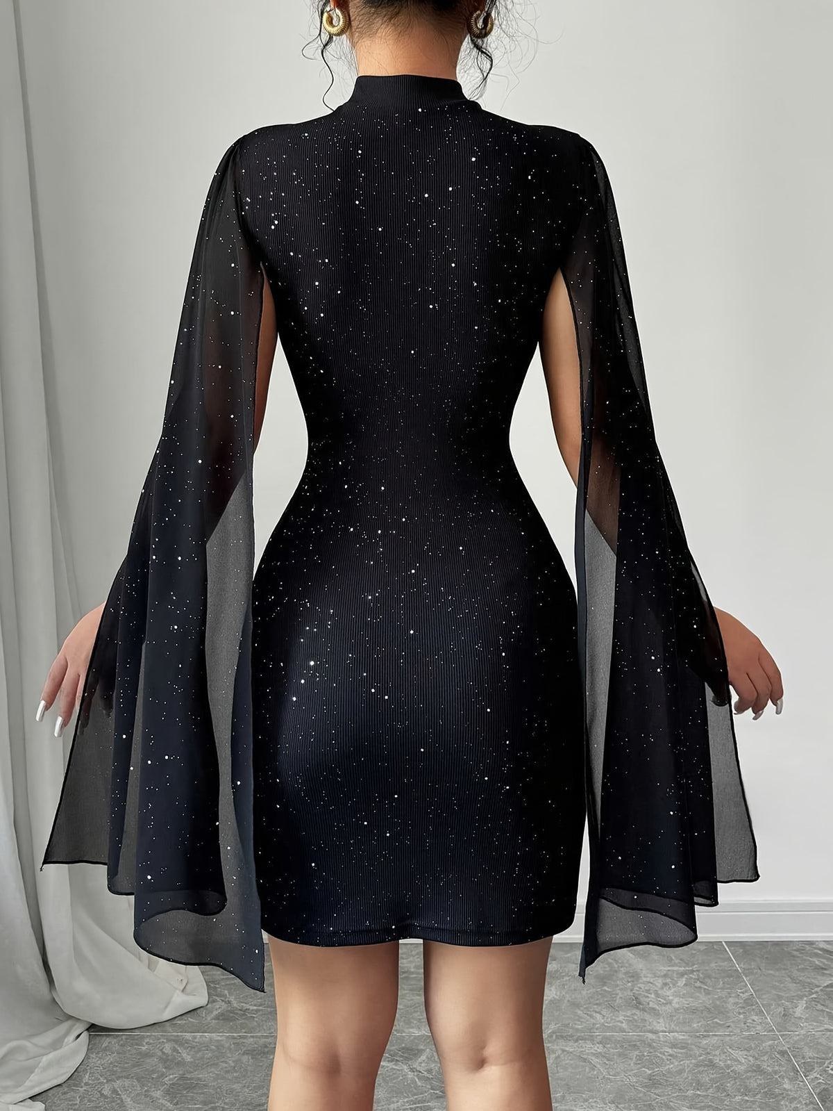 Womens Sexy Semi-Sheer Round Neck Long Sleeves Bodycon Party Dress