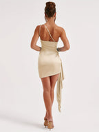 Womens Elegant One Shoulder Sleeveless Ruffle Hem Solid Colour Mini Bodycon