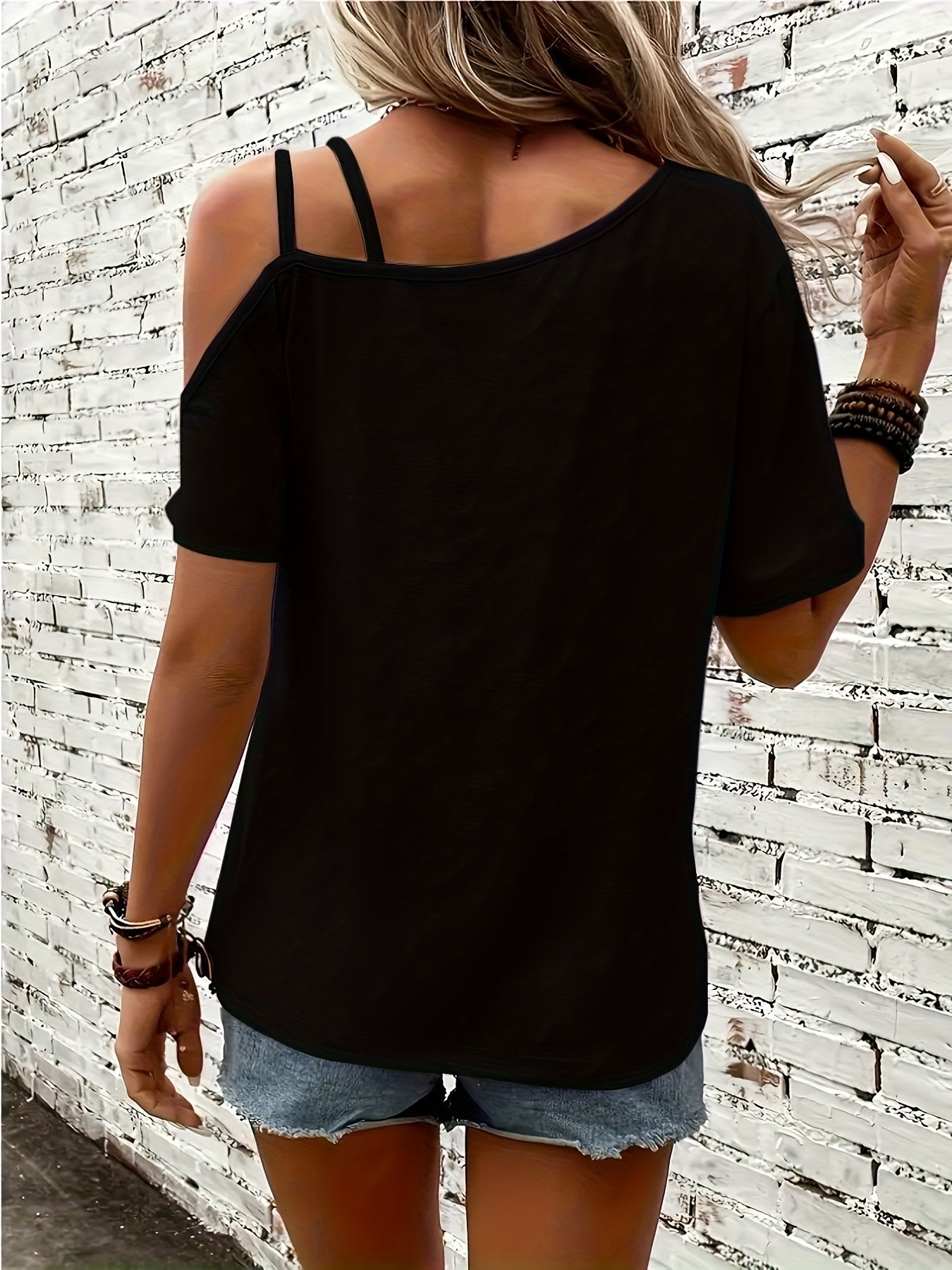 Womens Casual Heart Print Off the Shoulder Short Sleeve Asymmetrical T-shirt Top