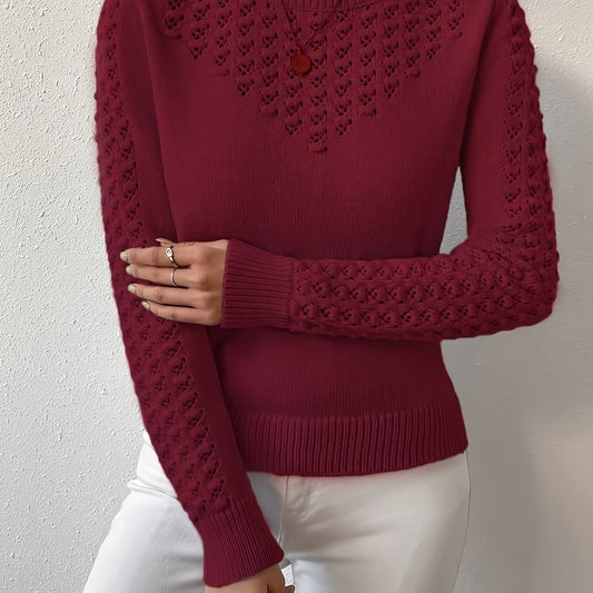 Womens Elegant Knitted Round Neck Textured Design Solid Colour Semi Sheer Sweater