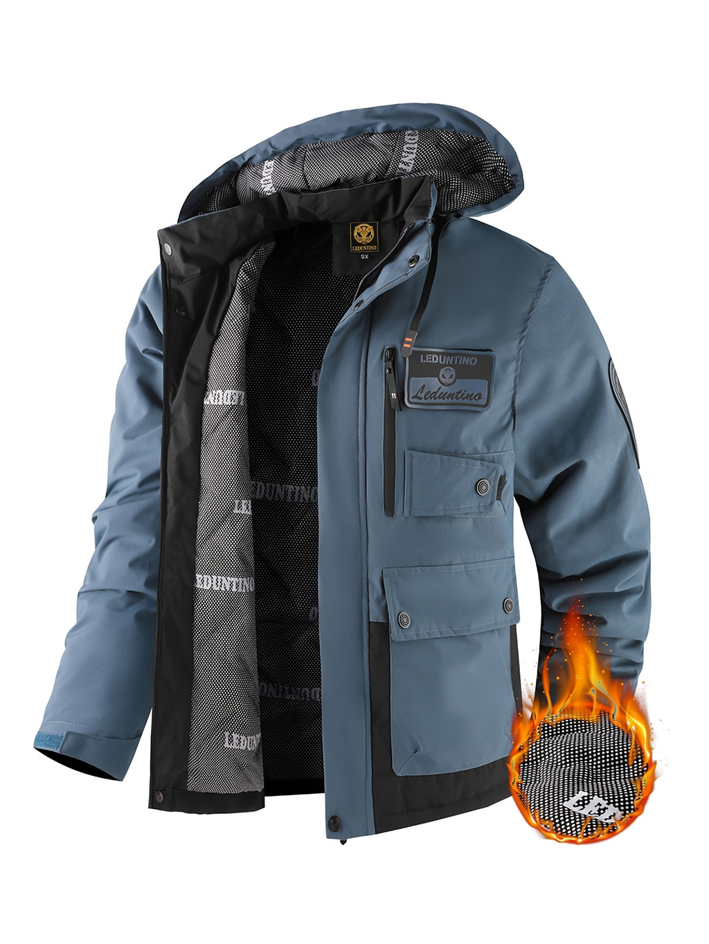 Mens Fleece-Lined Multiple Pockets Detachable Hood Outdoor Winter Jacket