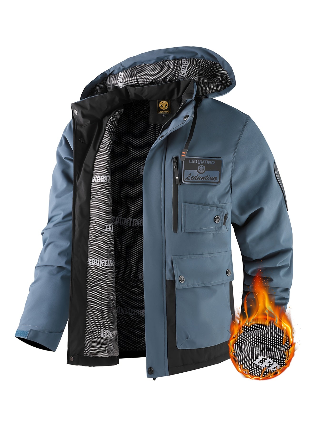 Mens Fleece-Lined Multiple Pockets Detachable Hood Outdoor Winter Jacket