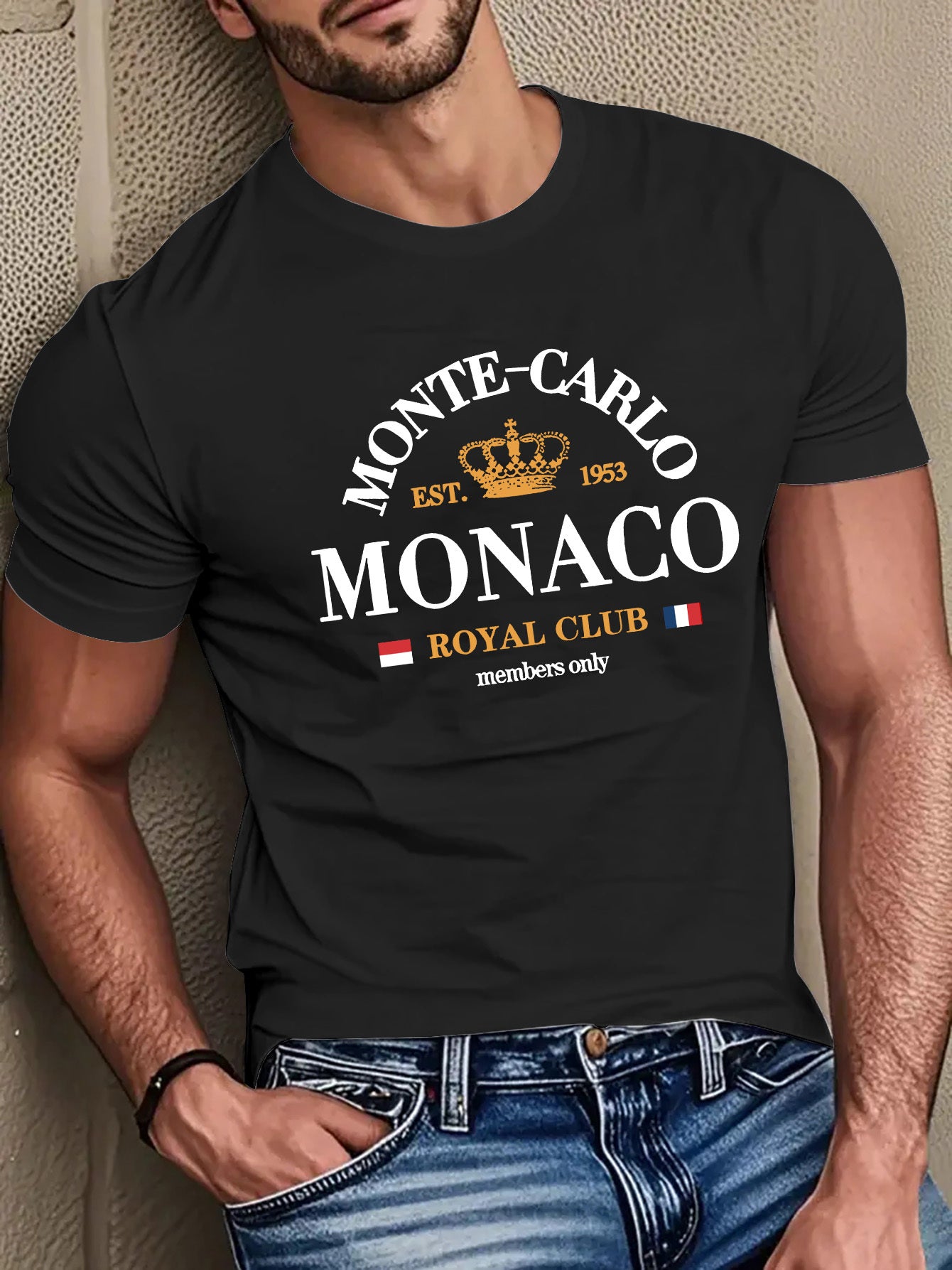 Mens Casual Monte Carlo Royal Club Graphic Print Soft Breathable Crew Neck Ribbed Tshirt