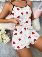 Womens Sexy Love Heart Print Spaghetti Strap Cami & Shorts Pyjama Set