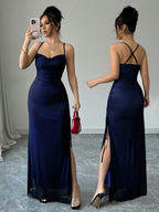 Womens Elegant High-Stretch Mesh Solid Colour Adjustable Strap Backless Long Bodycon Dress