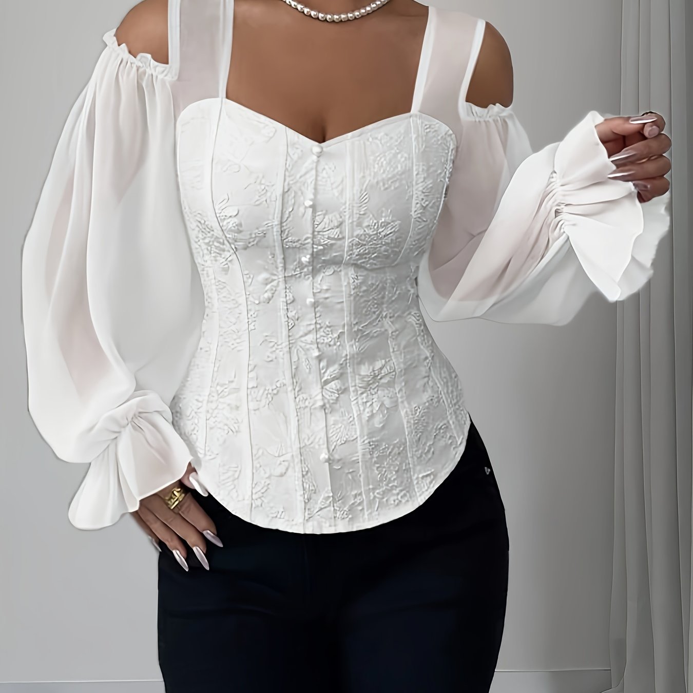 Womens Floral Jacquard Elegant Off-Shoulder Lantern Sleeves Square Neck Top