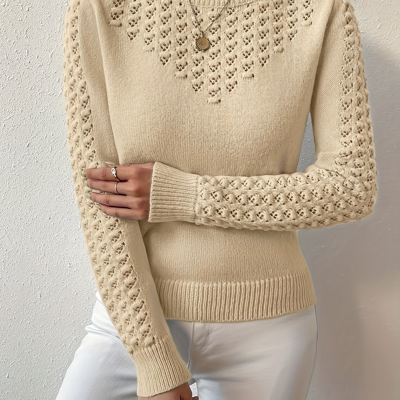 Womens Elegant Knitted Round Neck Textured Design Solid Colour Semi Sheer Sweater