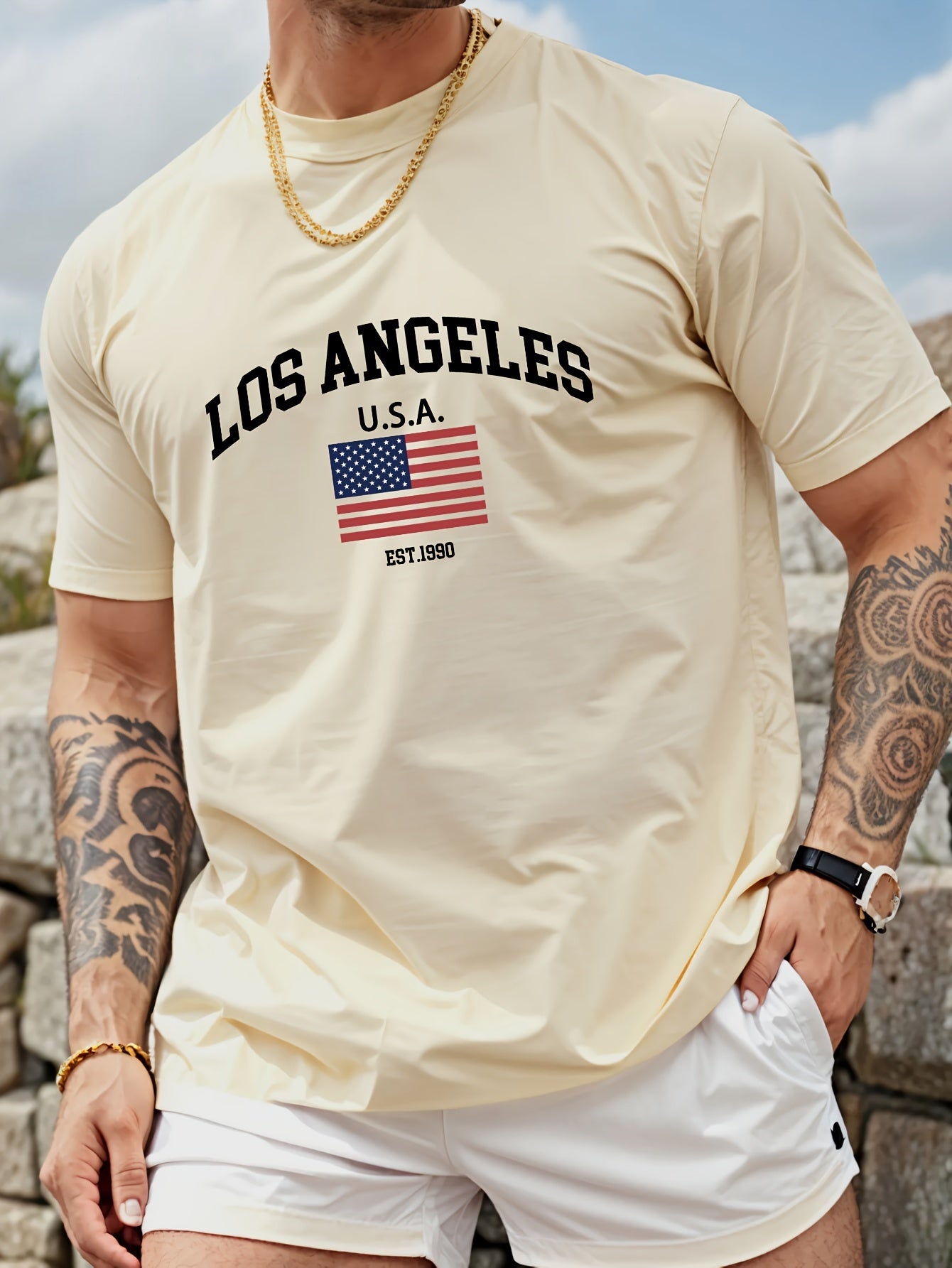 Mens Los Angeles USA Flag Print Casual Crew Neck T-Shirt