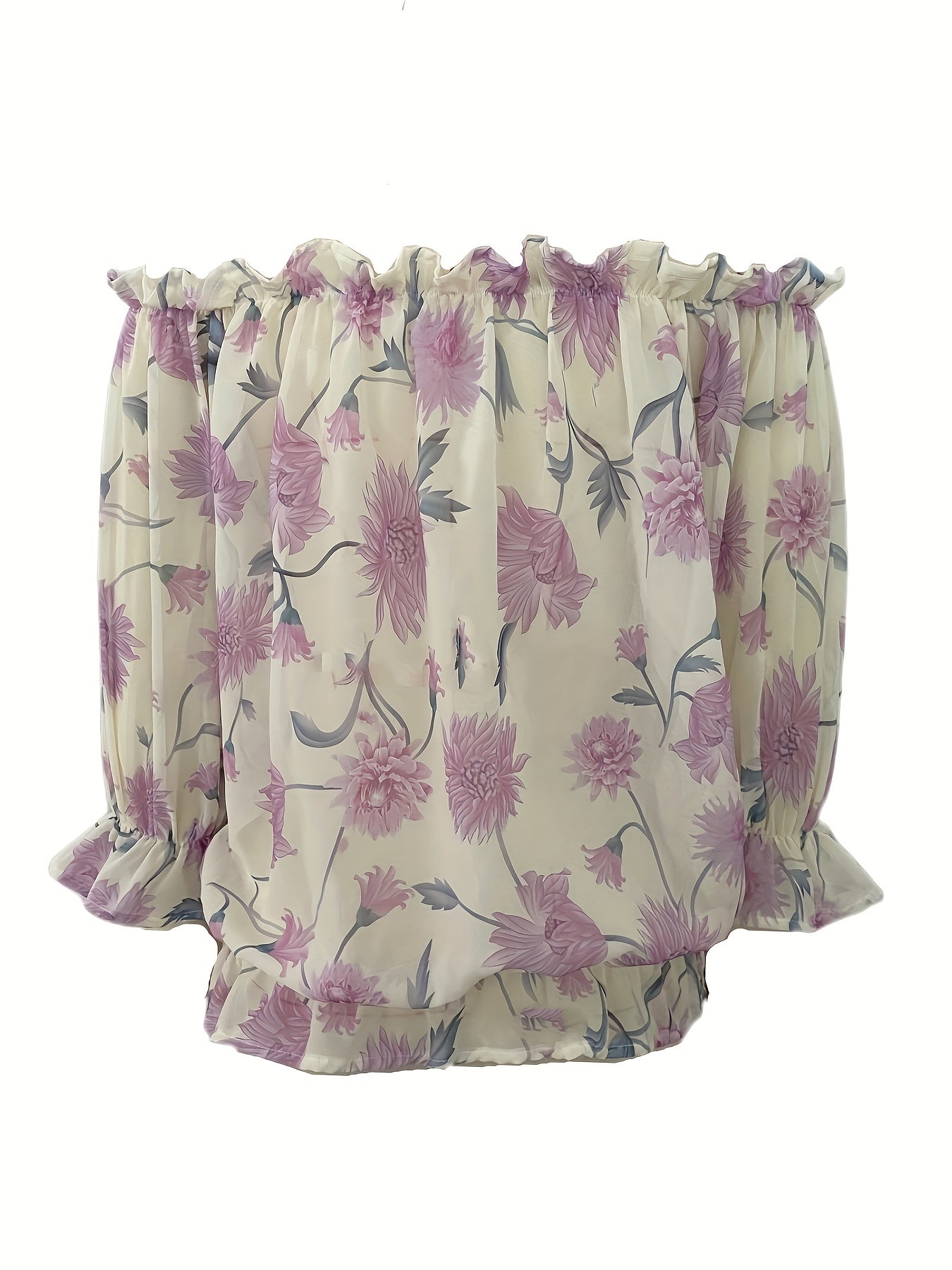 Womens Lightweight Off-Shoulder Semi-Sheer Pleated Lantern Sleeves Loose Fit Top