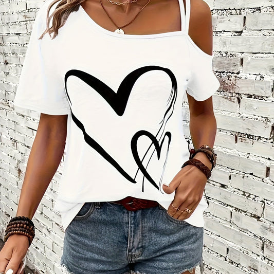 Womens Casual Heart Print Off the Shoulder Short Sleeve Asymmetrical T-shirt Top