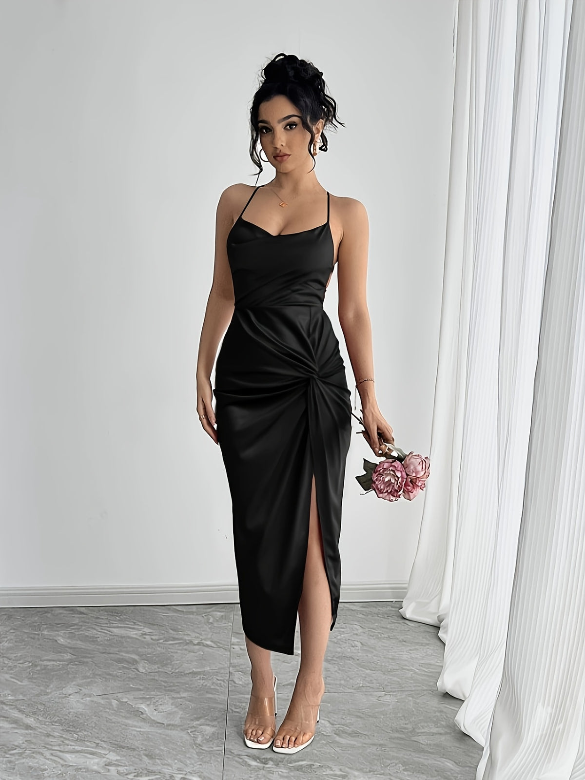 Womens Elegant Deep Neck High Thigh Slit Twist Detail Spaghetti Strap Dress for Women