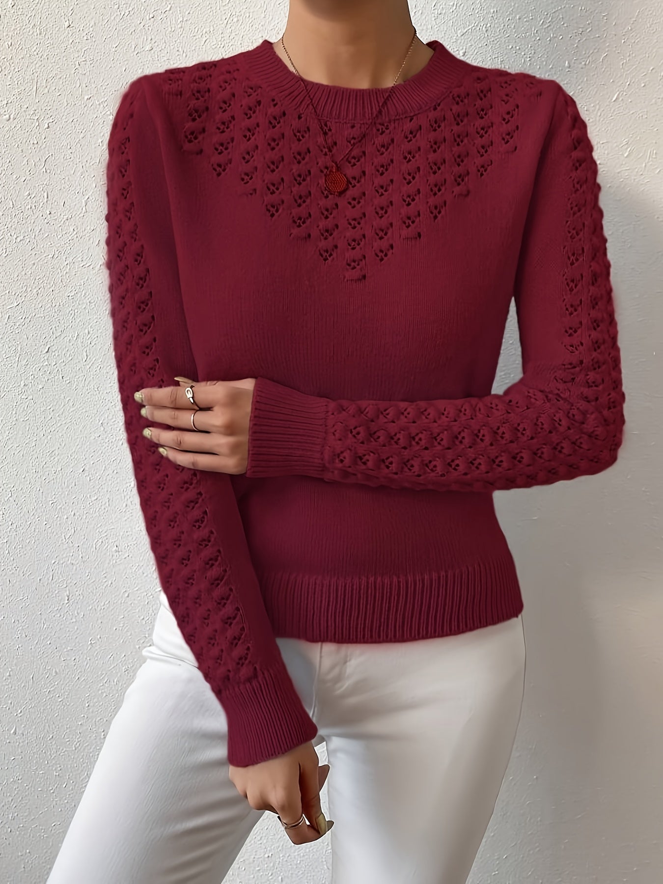 Womens Elegant Knitted Round Neck Textured Design Solid Colour Semi Sheer Sweater