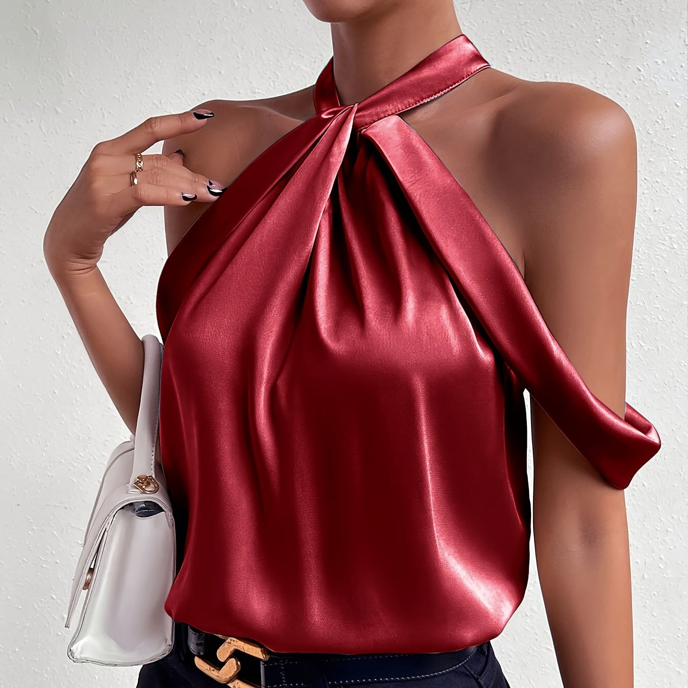 Womens Solid Colour Twist Front Elegant Cold Shoulder Top