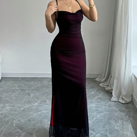 Womens Elegant High-Stretch Mesh Solid Colour Adjustable Strap Backless Long Bodycon Dress