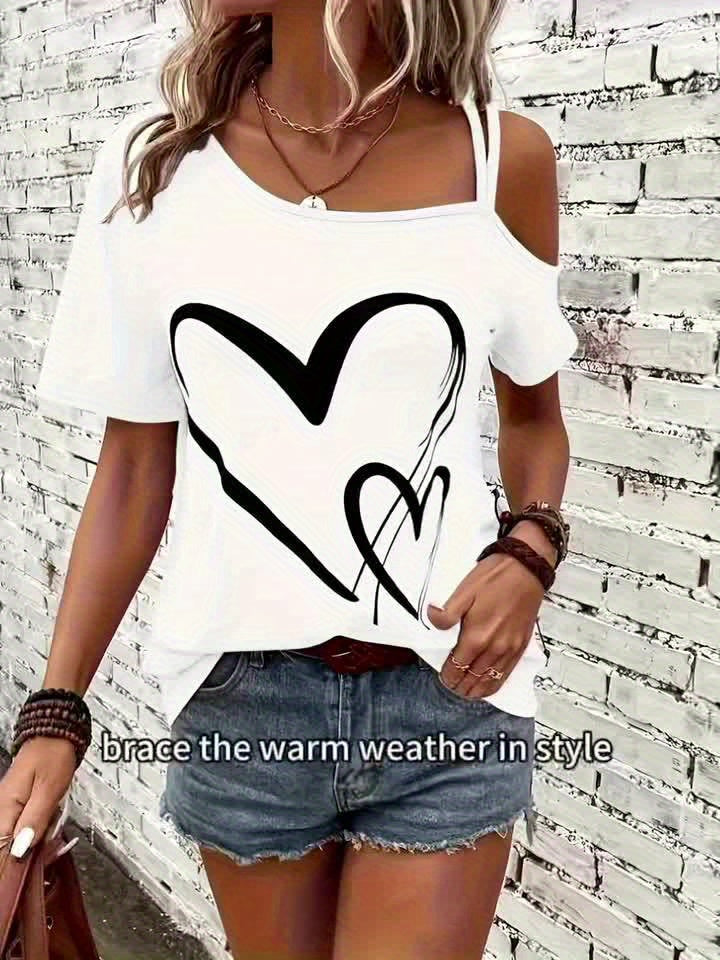 Womens Casual Heart Print Off the Shoulder Short Sleeve Asymmetrical T-shirt Top