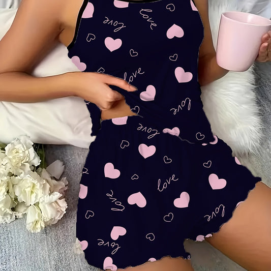 Womens Sexy Love Heart Print Spaghetti Strap Cami & Shorts Pyjama Set