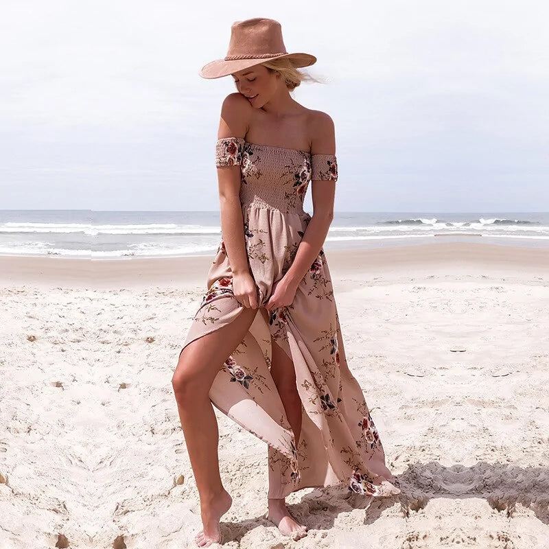 Womens Off Shoulder Sexy Split Beach Summer Dress