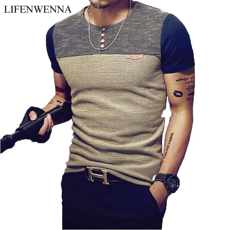 Mens Casual Patchwork Short Sleeve Slim Fit T-Shirt