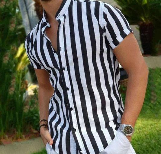 Mens Stylish Summer Casual Striped Short Sleeve Shirt