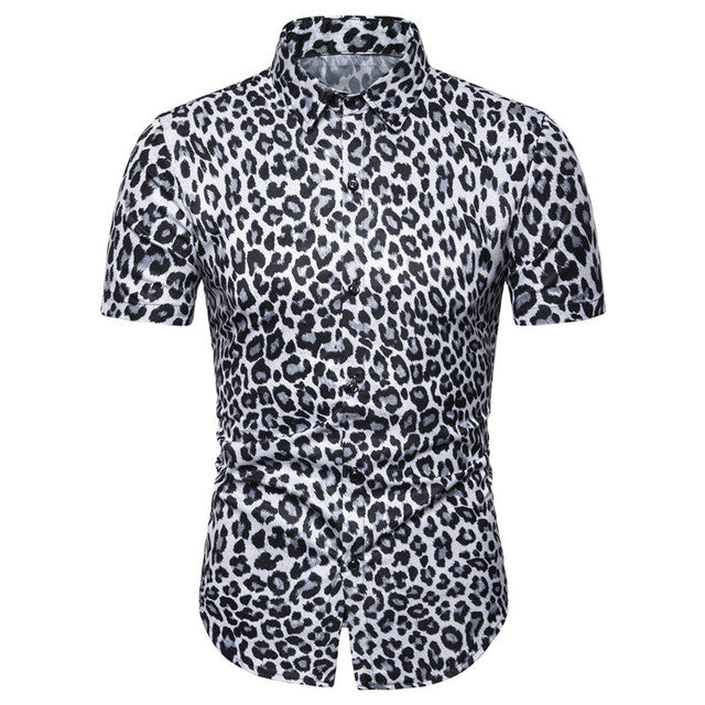 Mens Leopard Print Casual Button Short Sleeve Shirt