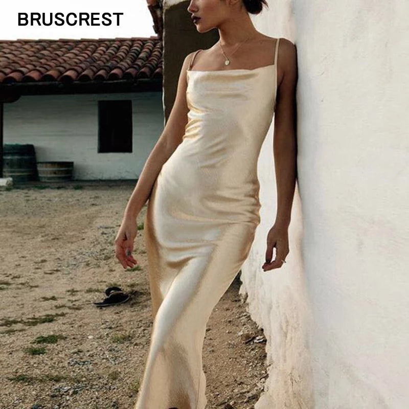 Womens Satin Midi Long Elegant Spaghetti Strap Party Dress