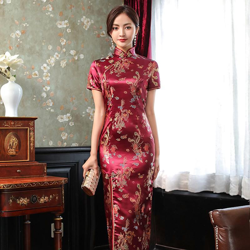 Womens Elegant Brocade Long Satin Chinese Classic Short Sleeve Sexy Evening Dress