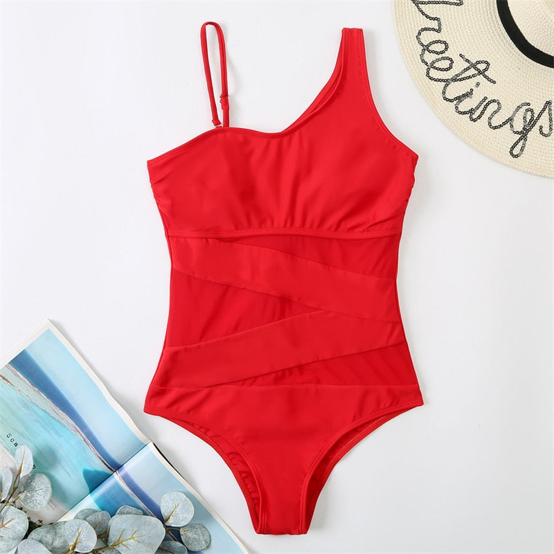 Womens One Piece Sexy Mesh Solid Monokini Swimsuit