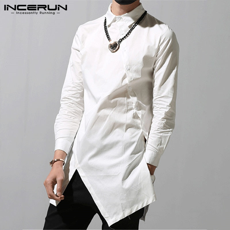 Mens Irregular Lapel Button Long Sleeve Chic Solid Color Fashion Dress Shirt