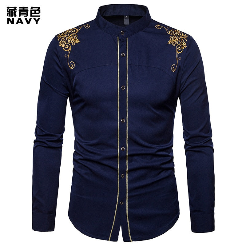 Mens Gold Embroidery Stand Collar Casual Slim Long Sleeve Shirt