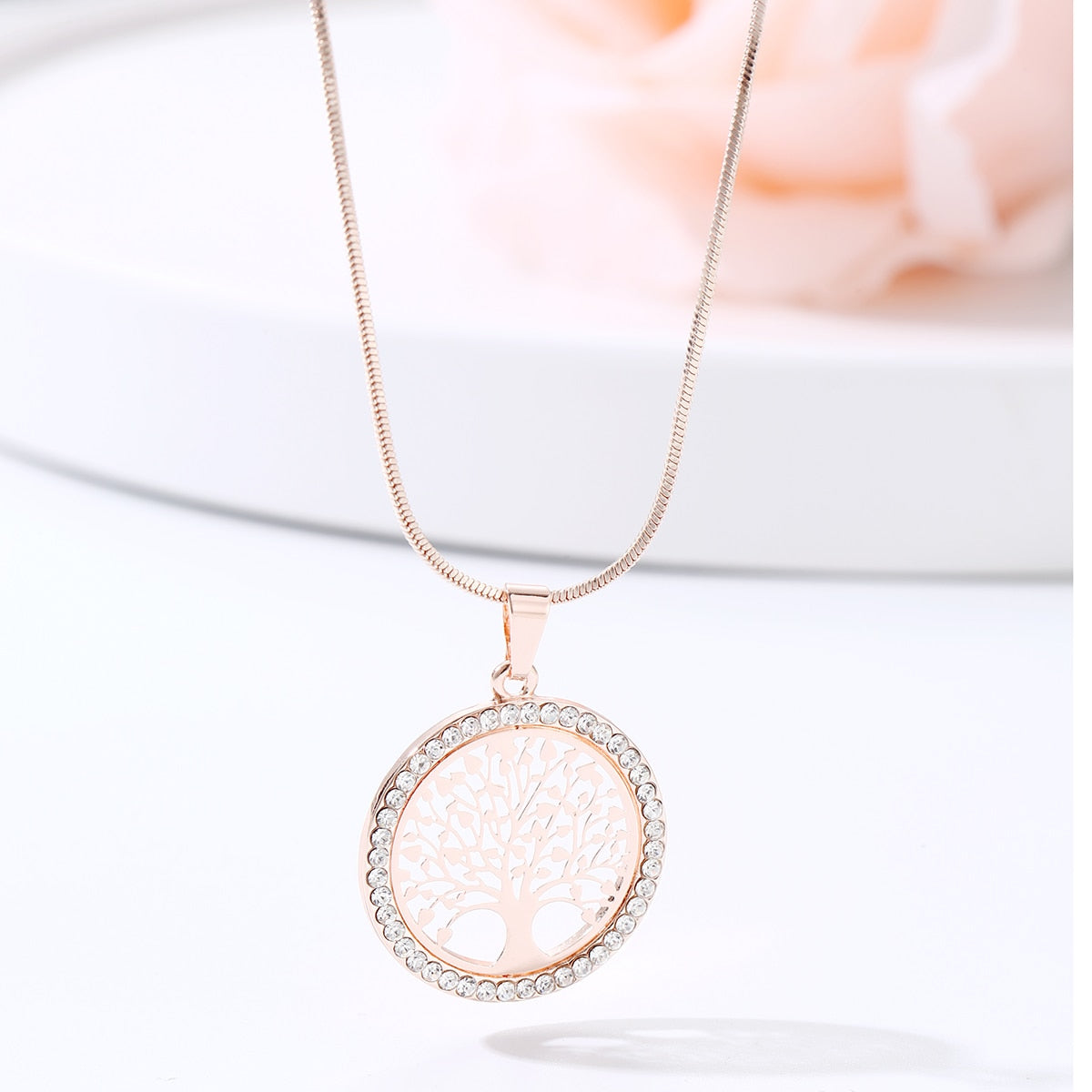 Womens Elegant Small Tree of Life Crystal Pendant Necklace